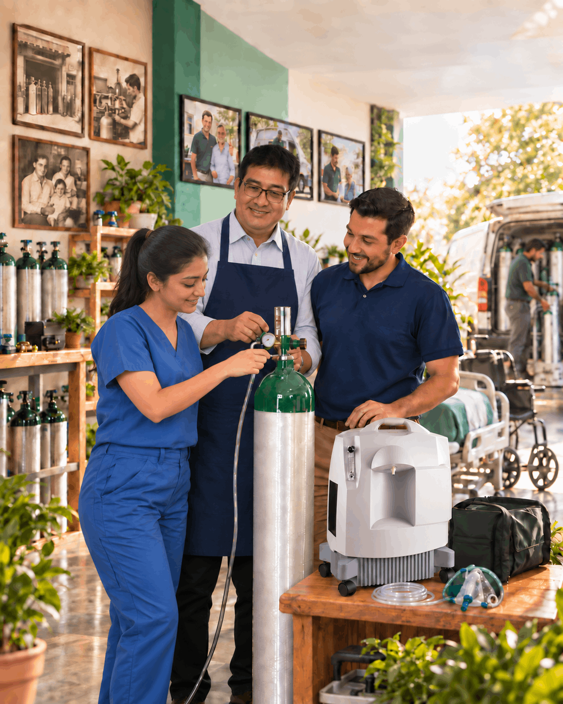 Equipo familiar de Oxirenta revisando un tanque de oxígeno medicinal en un establecimiento con concentrador, camas y otros equipos para el cuidado de pacientes en casa.